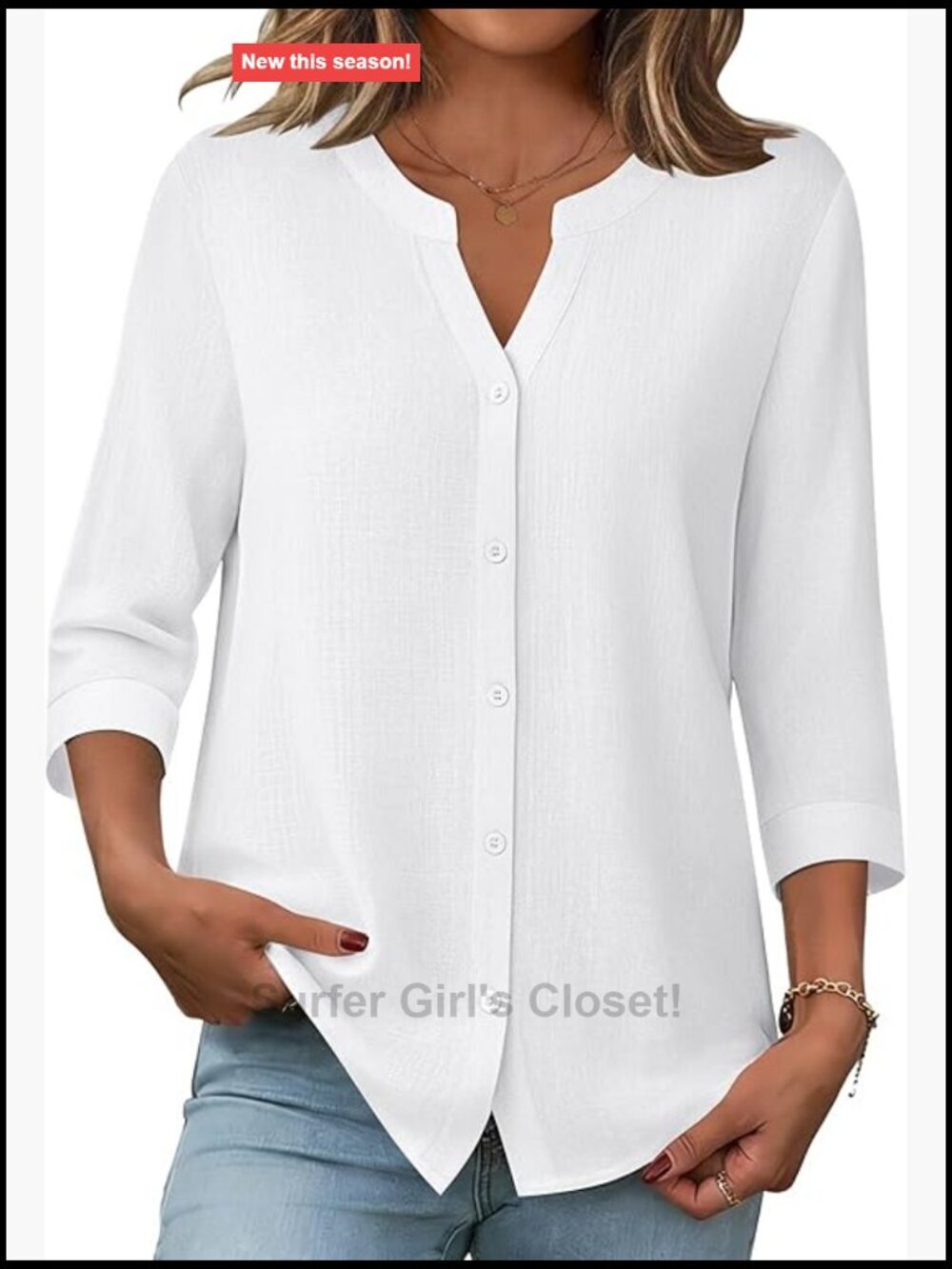 3/4 Sleeve Button Down Blouse V Neck Linen Cotton Blend Work Top